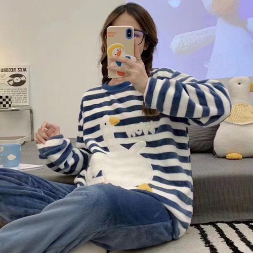 Flannel Pajamas Female Cartoon Autumn and Winter Cartoon Long Sleeve Pullover Home Clothes Coral Fleece Suit Variety