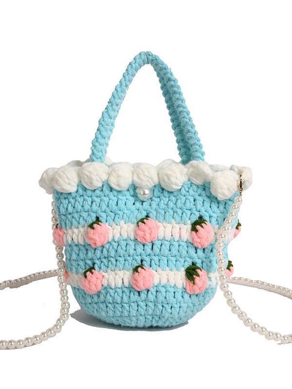 Bolso de mensajero de nicho de dopamina femenino 2025 nuevo bolso de fresa bolso tejido de vacaciones bolso de cubo bolso transfronterizo