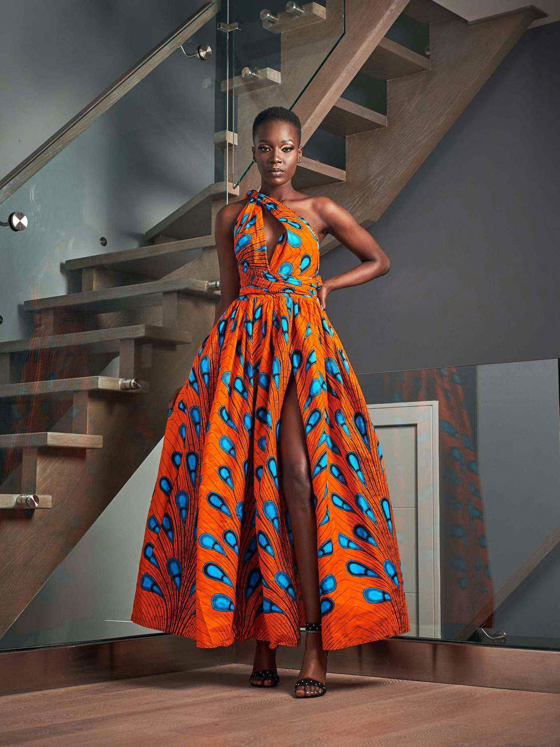 African style print V-neck strappy slit full-length dress multicolors NSMID128847