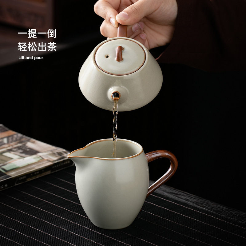 米黄汝窯急須シングル家庭用陶磁器の小型石瓢箪壺の開片は汝磁器の工夫茶器を養うことができます。|undefined