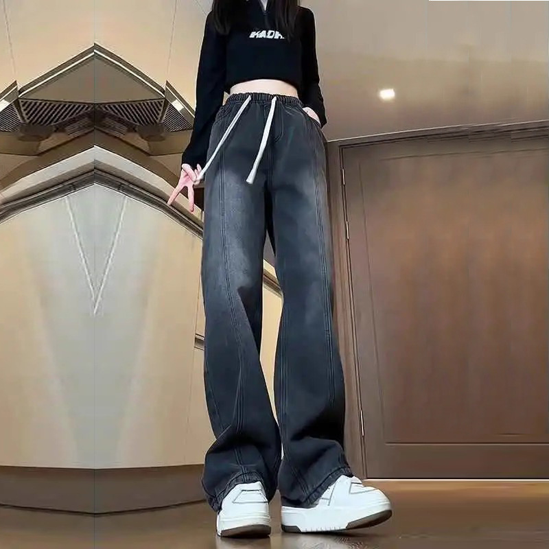 黑色设计感美式斜切明线牛仔裤秋季小众设计微喇裤子潮牌痞帅长裤|undefined