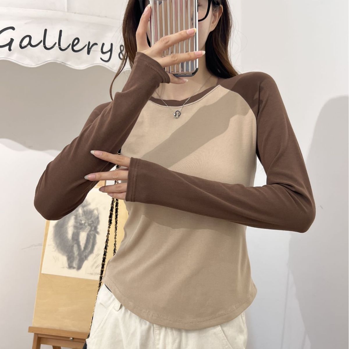 Spring and Autumn contrast color all-match bottoming shirt hot girl basic plus size slimming top Korean casual lazy style bottoming shirt