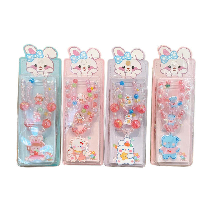 Niños exquisitos collares de dibujos animados pulseras set niñas adorables joyas de perlas princesa viento caja de regalo