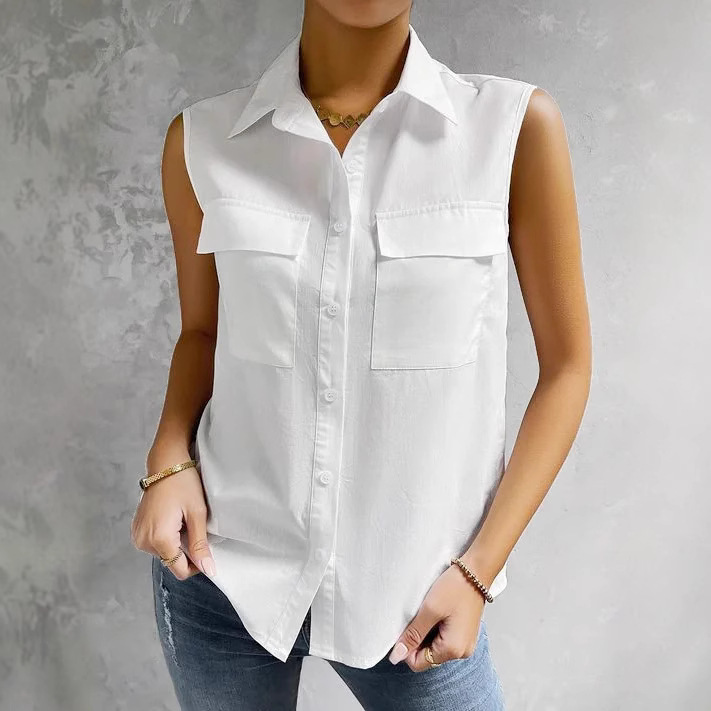2023wish Summer Cotton and Linen Style Sleeveless Lapel Shirt Women's European and American Cross-border Amazon Double Pocket Shirt
