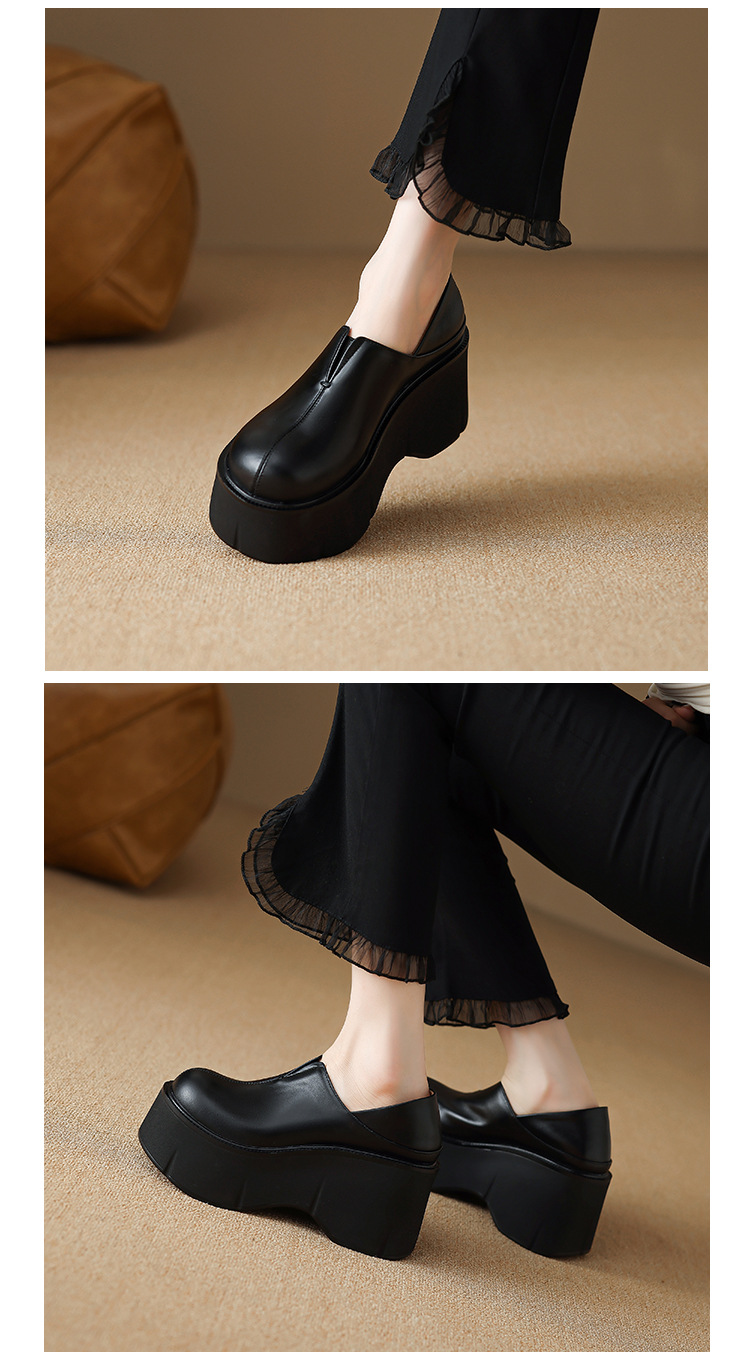 Giày loafer nữ đế xuồng platform da bò cao cấp gót 9 cm — màu đen, màu trắng ngà chi tiết 7