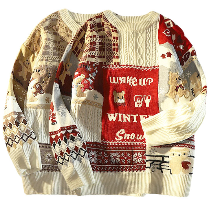 Cross-Border Popular European Size Large Size Splicing Embroidered Bear Sweater Men's Halloween Christmas New Year Factory Wholesale
