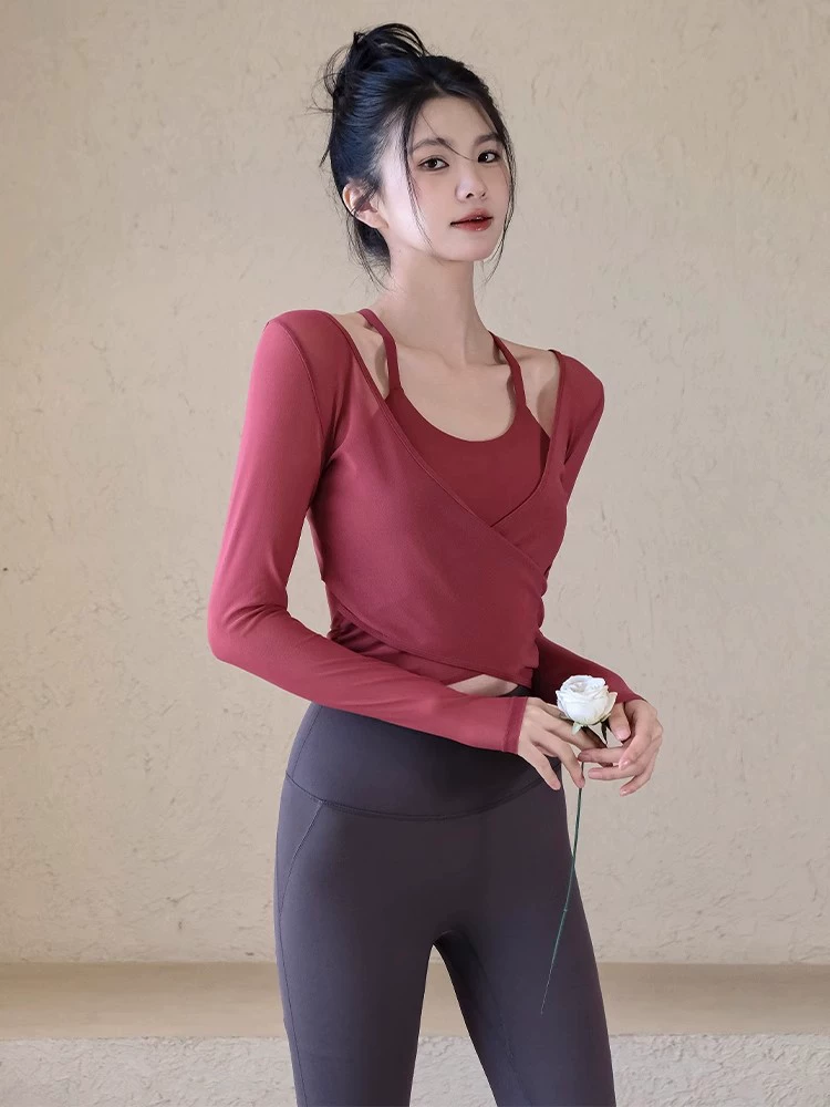 Demi-season yoga clothing, hair band, sports top with cups, long-sleeve, set for training for gym