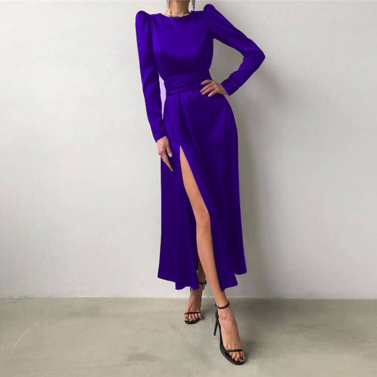Comercio exterior europeo y americano Amazon AliExpress deseo Mujeres Nuevo satén manga larga vestido negro cuello redondo vestido de noche image 8