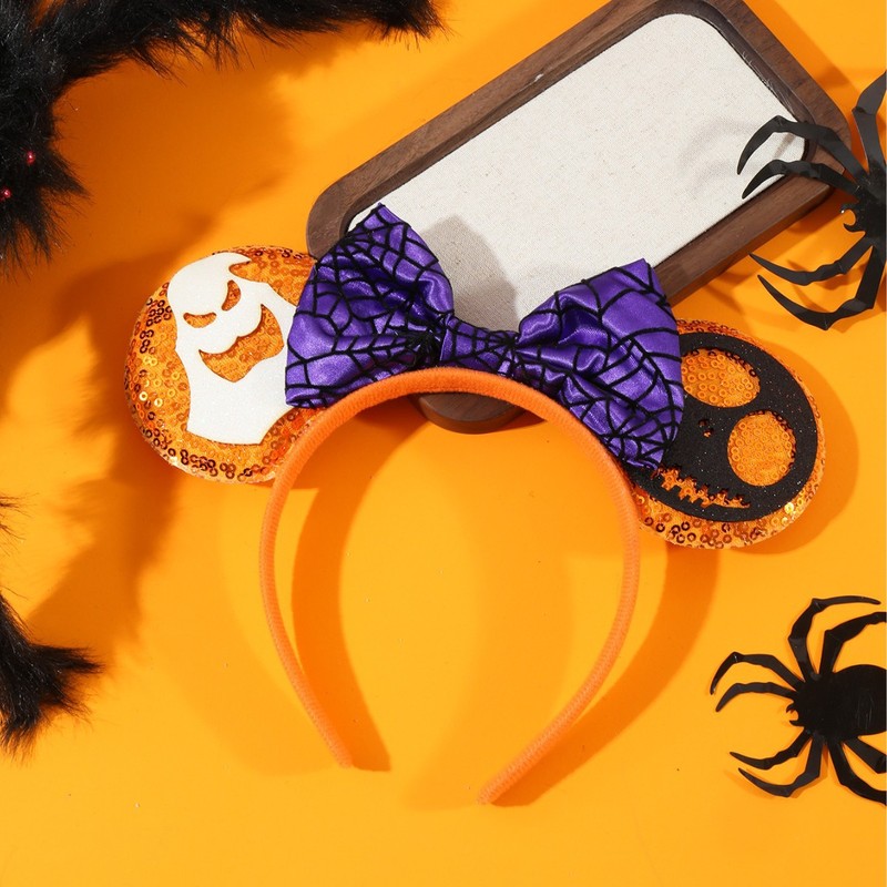 ハロウィンプリントクモの巣カボチャサテンかわいいQバージョンミッキー耳リボンヘッドバンドヘアアクセサリー|undefined