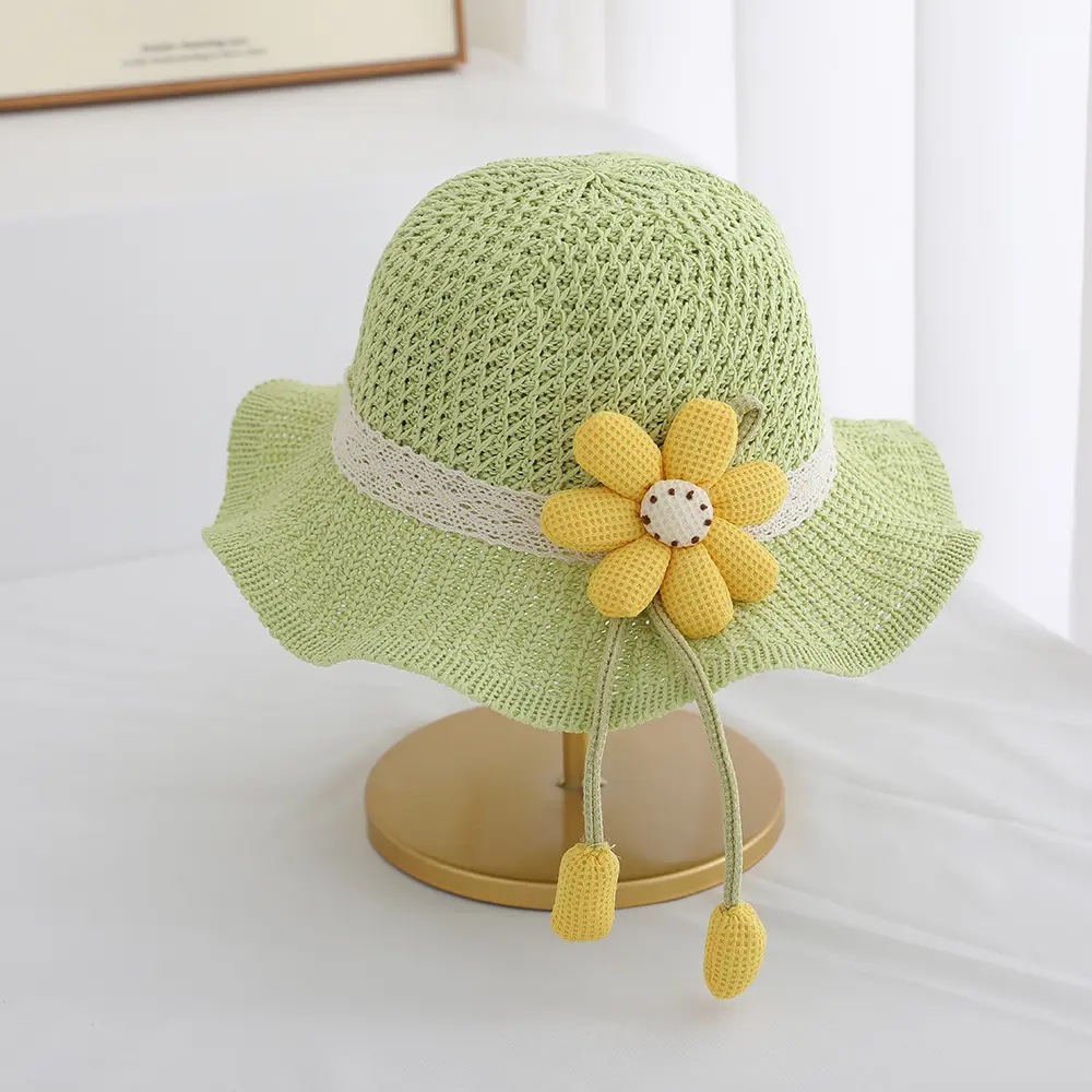 Sombrero de paja para niños, niños y niñas, sombrilla, sombrero de pescador, viento de princesa de verano, sombrero de sol, sombrero de paja de playa con lazo de flores
