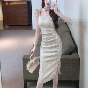 Lotus leaf sleeve slim fit banquet dress with slit