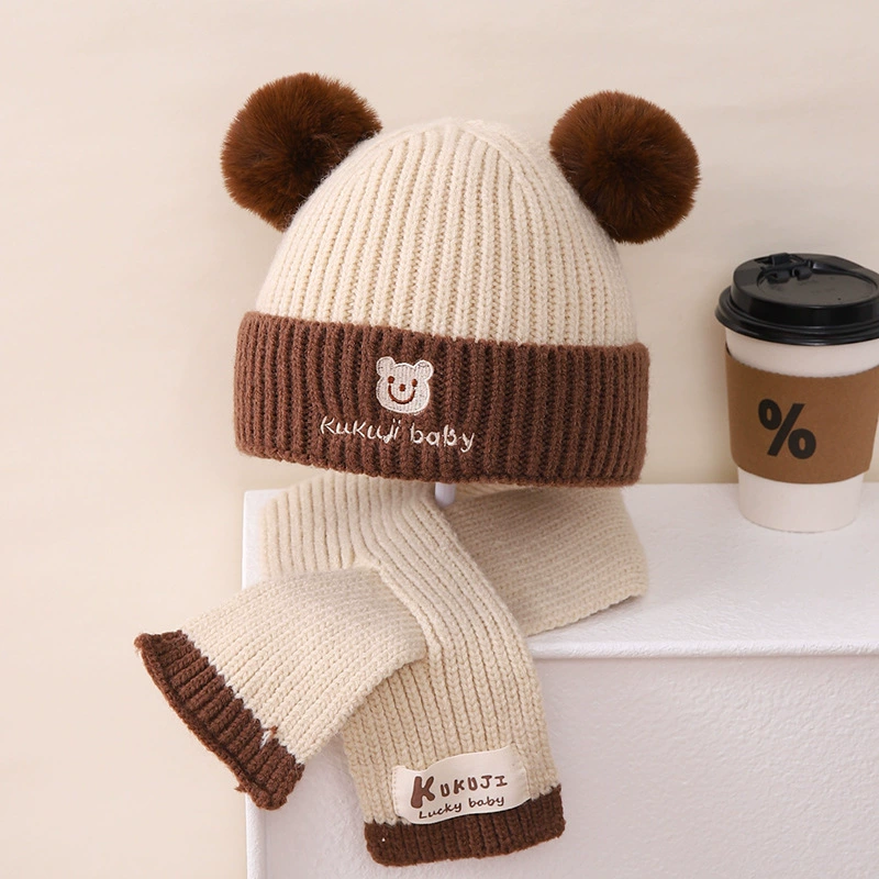Children's Knit Hat & Scarf Set - Thick Demi-Season Warmth, Bear Patch, Cozy Knit, Color Options