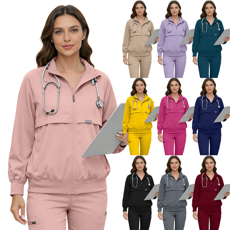 Doctor's Autumn and Winter Spring Coat with Multiple Pockets, Long Sleeves, Stand-Up Collar, Nurse Care Nursing Center Scrub Jacket for Men and Women Doctor's Autumn and Winter Spring Coat with Multiple Pockets, Long Sleeves, Stand-Up Collar, Nurse Care Nursing Center Scrub Jacket for Men and Women