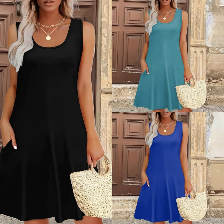 2025 Лето Европа и США трансграничный Amazon большой размер моды с карманами сплошной цвет элегантное платье с круглым вырезом