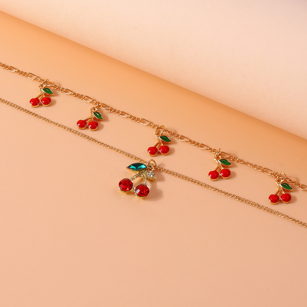 15g Weight Alloy Pendant Material Double Layer Necklaces Classification Alloy Chain Material 1 Piece Quantity Date, Tea Party Occasion Alloy Material Cherry Pattern Women's Gender Plating Design Sweet Style Sweet Cherry Alloy Wholesale Double Layer Necklaces 10