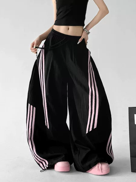 Women's Sports Pants 2026 Spring/Summer New Striped Wide-Leg Pants Black Stylish Loose Straight Casual Pants