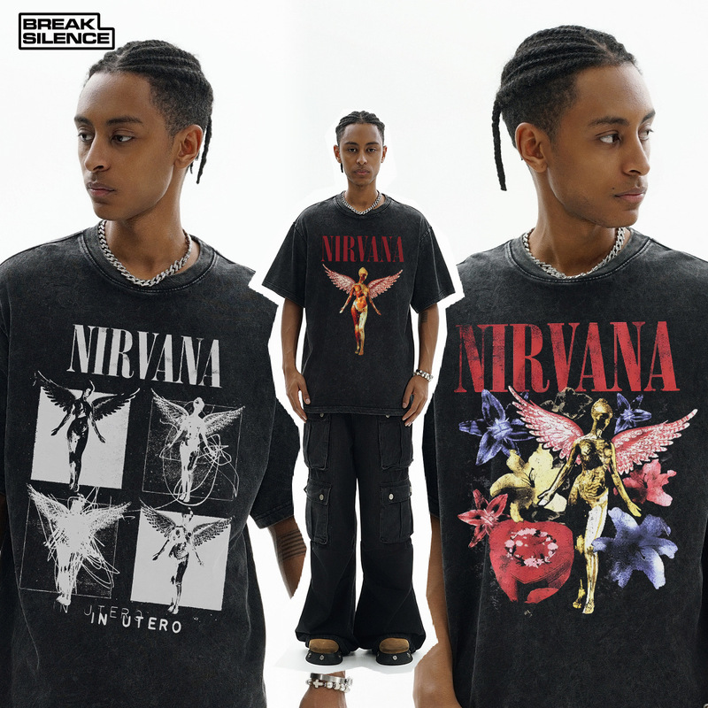 NIRVANA Rock American Retro Short-sleeved T-shirt Washed Heavy Cross-border Printed American Fashion Pure Cotton vintage for Men