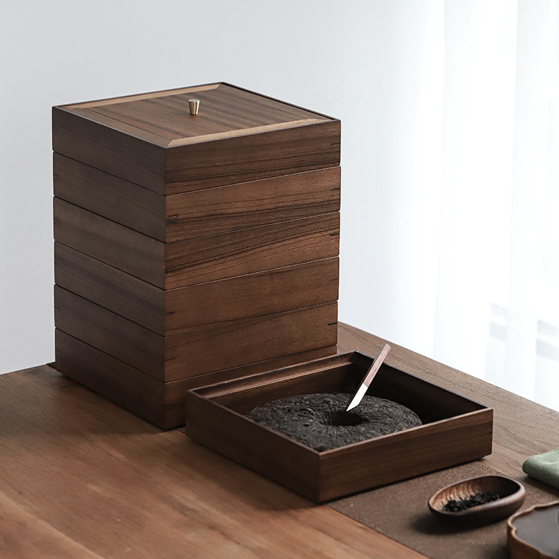 Venta al por mayor nogal Pu'er caja de té multi-capa apilable hogar de madera sólida caja de almacenamiento de pastel de té caja de almacenamiento de té bandeja de Té