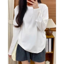 新疆棉纯白色长袖上衣300g重磅t恤女纯棉宽松打底衫潮圆领内搭