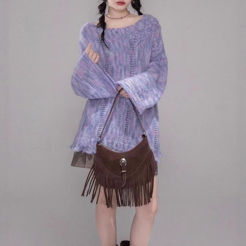 Cootre "Oil Painting Color" Monet Mist Purple Handmade Small Flower Wool Pullover Women's Autumn and Winter New Style