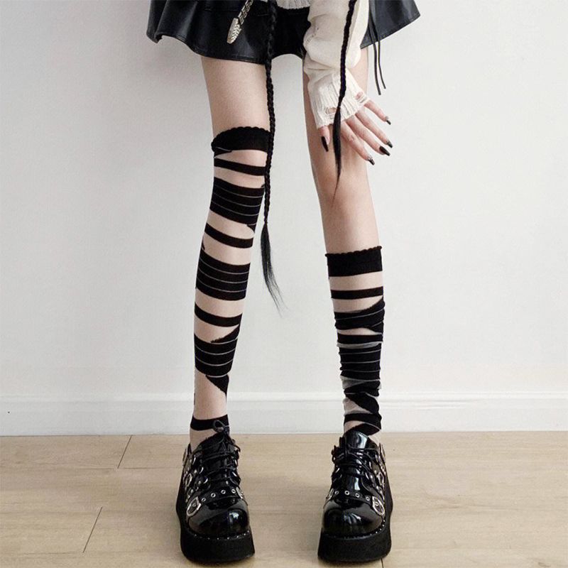 Medias de seda de las mujeres delgadas negro punk estilo gótico anti-enganche roto red de pesca y2g Milenio chica caliente ins pantimedias