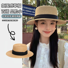 夏のフレンチフラットトップ麦わら帽子麦わら帽子大きなつばの日よけ帽子海辺の休暇日よけ帽子新しい日焼け止め帽子