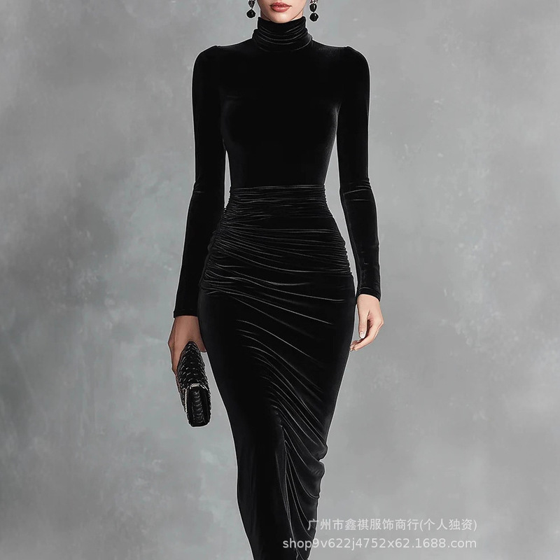 Black Velvet Sexy Half Turtleneck Dress Women's 2025 Autumn and Winter New Slim Pleated Hip Skirt