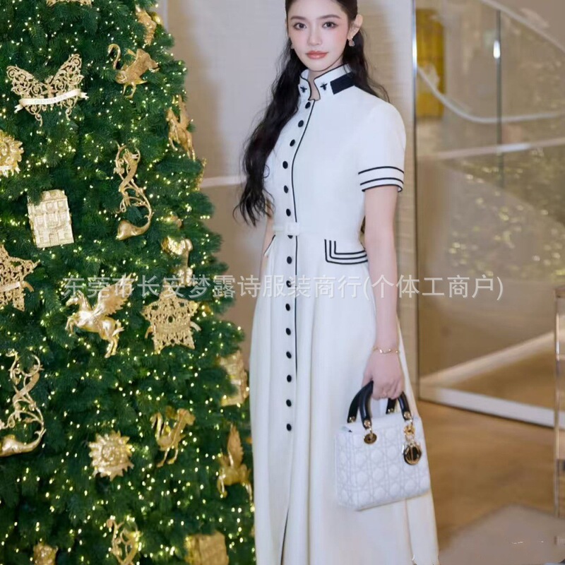 Celebrity Lin Yun's Same Style White Stand-Collar Buttoned Dress, Long Waist-Cinching Flared Skirt, Elegant Long Dress for Annual Party