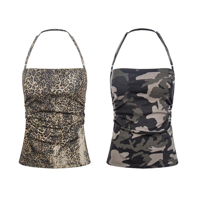 Unbdns American Retro Leopard Print Camisole for Women 2026 Summer New Sexy Backless Sleeveless Halter Top