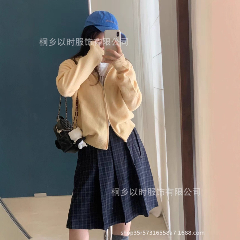 以时 25秋冬新款百分百全羊毛针织小开衫 森系连帽双头连外套 女|undefined