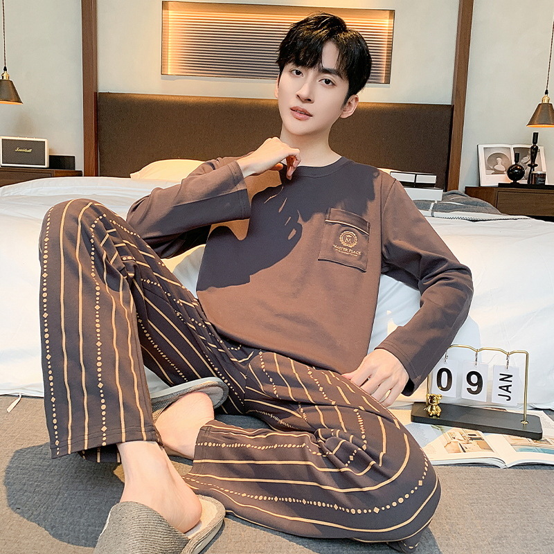 Pijamas de algodón para hombres de primavera y otoño de manga larga delgada Juventud de mediana edad casual de algodón suelto más el tamaño de desgaste para el hogar traje de hombre