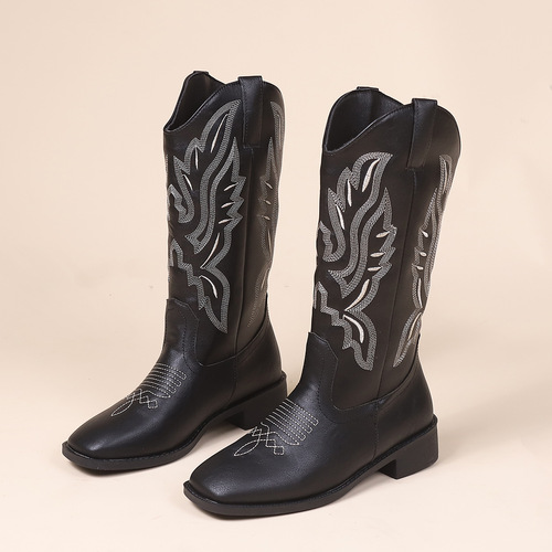 Martin boots, summer western boots, denim knight boots for women, vintage denim booties with embroidered threads—perfect for autumn.