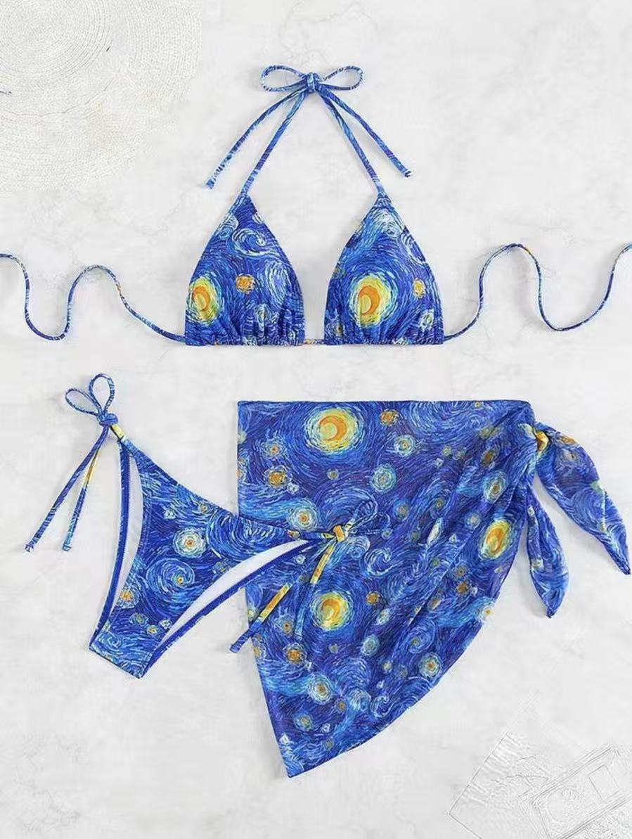 Van Gogh Starry Night Print Halter Triangle Bikini Set Women's Adjustable Ties Beach Swimwear for Tropical Vacations_voghion.com