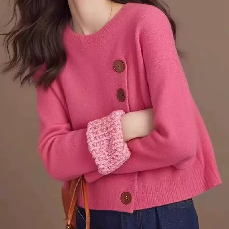 跨境法式韩系小香风拼接毛衣女2025早秋新款设计感粉色斜扣针织衫|undefined