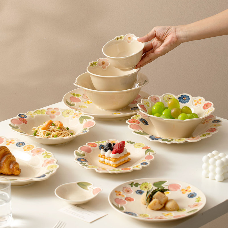 Acila花卉系列日式复古陶瓷餐具高颜值釉彩餐盘家用饭碗水果盘|undefined