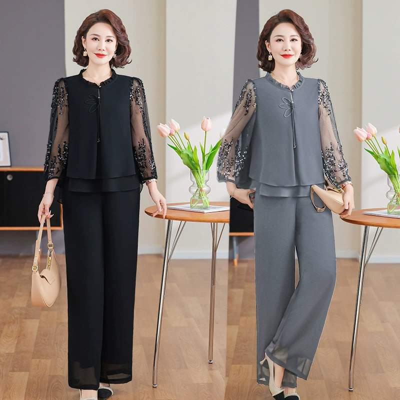 Весенний костюм для мамы, модный молодежный топ 2025 года, новый летний комплект из двух предметов для женщин среднего и пожилого возраста с рукавами из марли