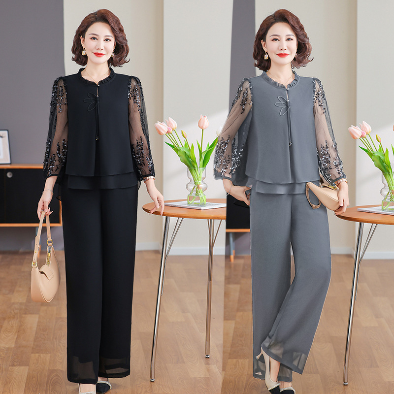 Mom's Spring Suit, Fashionable Young Top 2025 New Middle-Aged and Elderly Summer Gauze Sleeve Shirt Two-Piece Set for Women Mom's Spring Suit, Fashionable Young Top 2025 New Middle-Aged and Elderly Summer Gauze Sleeve Shirt Two-Piece Set for Women