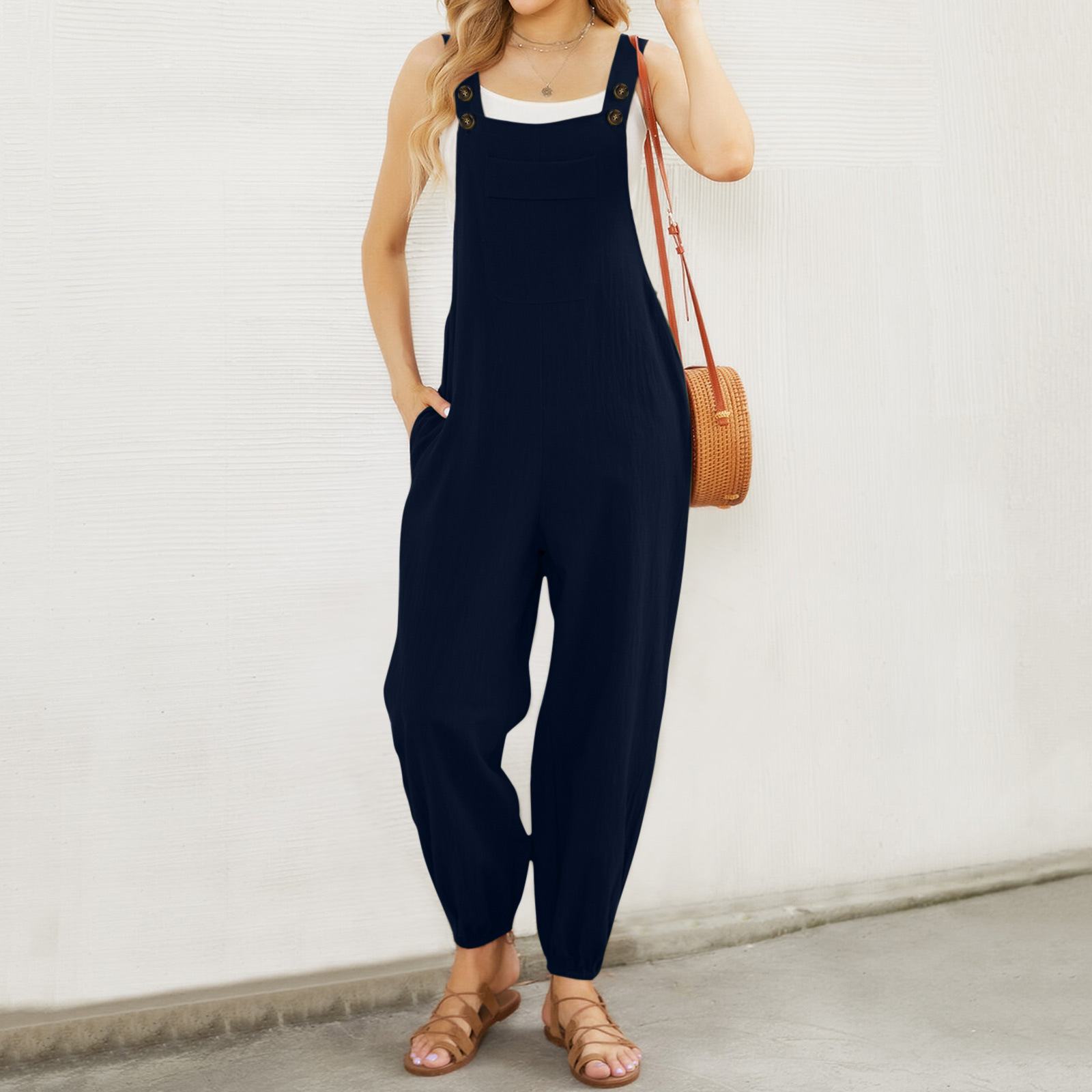 Pantalones de tirantes de bolsillo de la cintura del color sólido del mono de las mujeres europeas y americanas del algodón y del lino