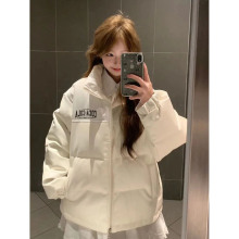 可爱软妹字母拼接撞色pu皮棉服冬季新款保暖百搭棉袄外套