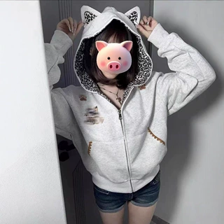 美式高街小恶魔刺绣豹纹连帽卫衣女秋冬季2025新款慵懒风开衫外套
