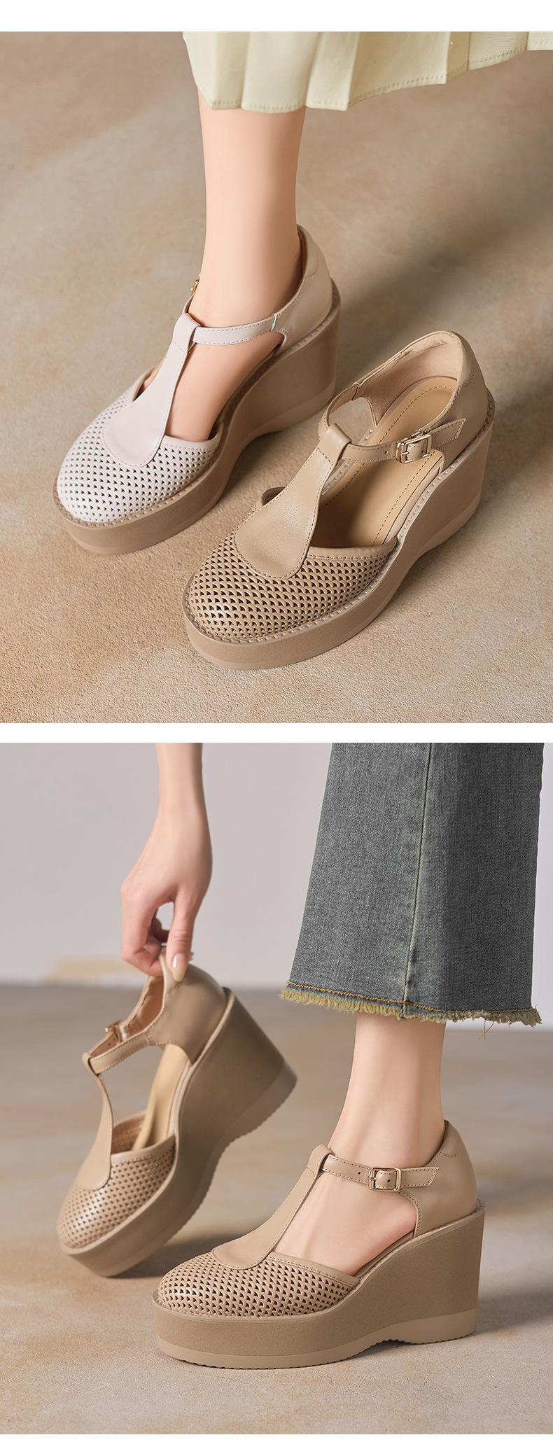 Sandal cao gót nữ đế dày 9.5 cm quai khóa chữ T phong cách tổ chim — màu trắng ngà chi tiết 3