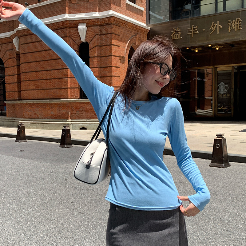 秋季长袖T恤女外穿2025新款螺纹纯色基础款上衣修身显瘦棉打底衫|undefined