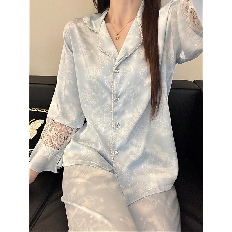 高级轻奢蕾丝花边长袖睡衣女春秋款新款网红大码冰丝家居服两件套|undefined