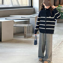 秋冬季中大女童毛衣新款冬装童装儿童条纹高领拉链开衫针织衫洋气