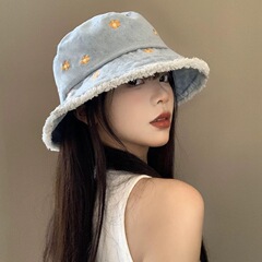 2025春秋款牛仔纯色刺绣渔夫盆帽显脸小欧美小众户外出游百搭帽子
