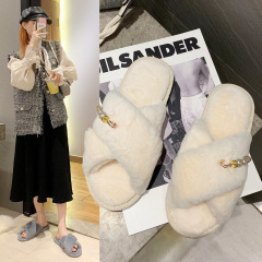 平底毛毛拖鞋女2023新款春秋新款交叉款棉拖鞋拖居家休閒地板拖鞋