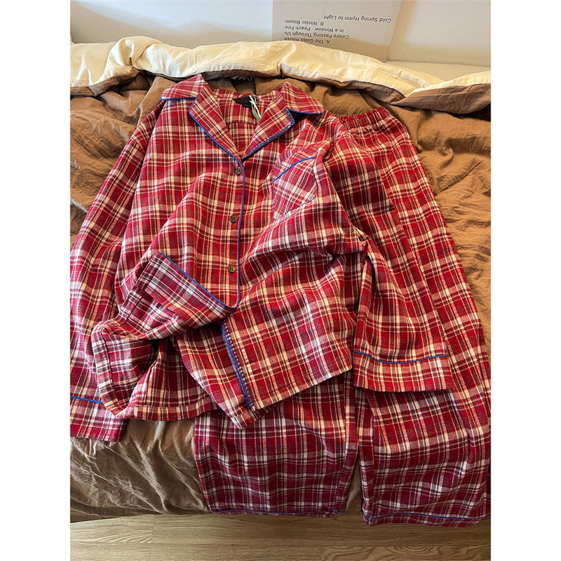 High-End Japanese-Style Plaid Pajamas for Women, Spring and Autumn, Ins-Style Simple Striped Long-Sleeve Long-Pants Cloud Cotton Loungewear High-End Japanese-Style Plaid Pajamas for Women, Spring and Autumn, Ins-Style Simple Striped Long-Sleeve Long-Pants Cloud Cotton Loungewear