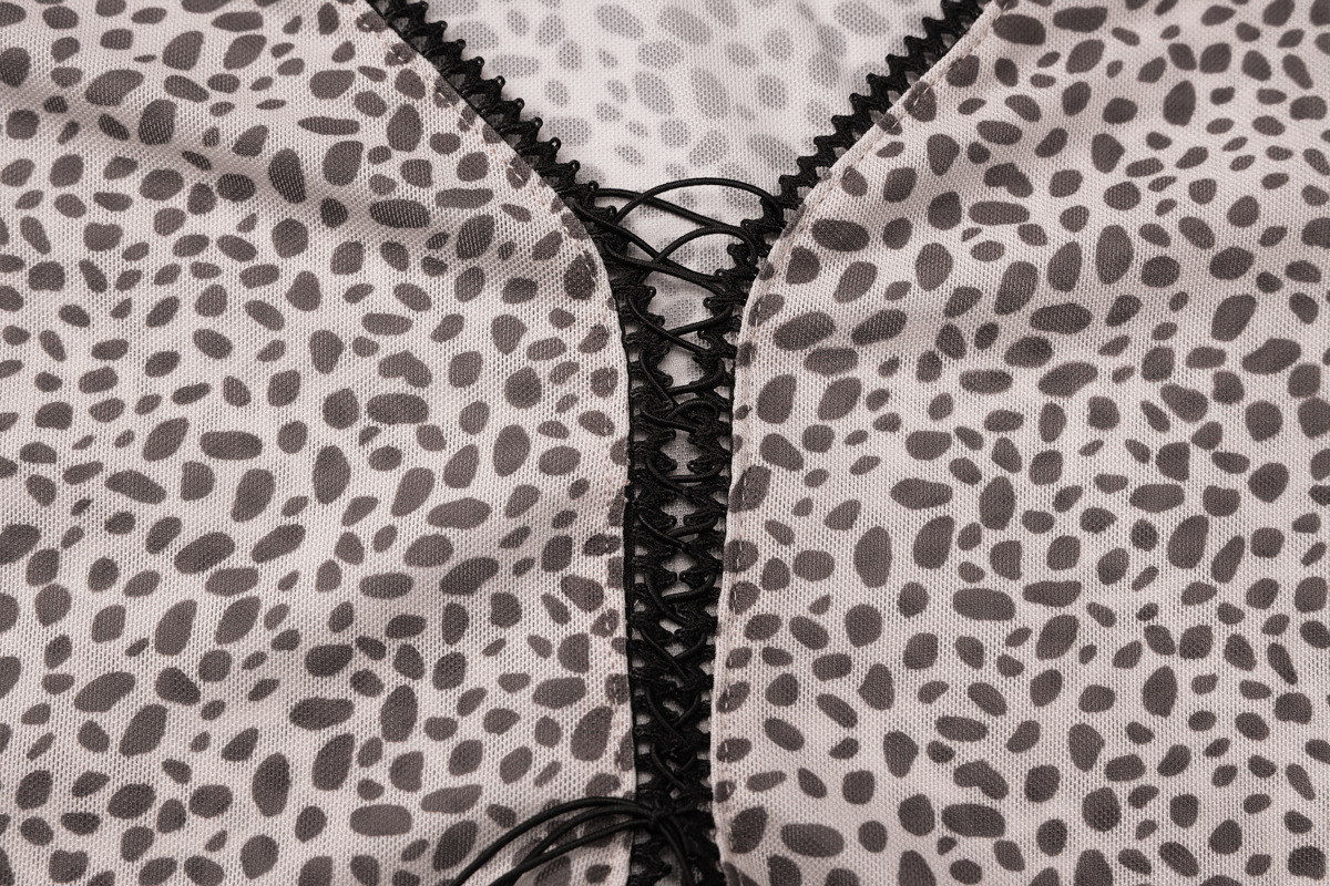 Women Summer Leopard Print Printed Sexy V neck Cardigan Strap Long Sleeved T shirt Miniskirt Set