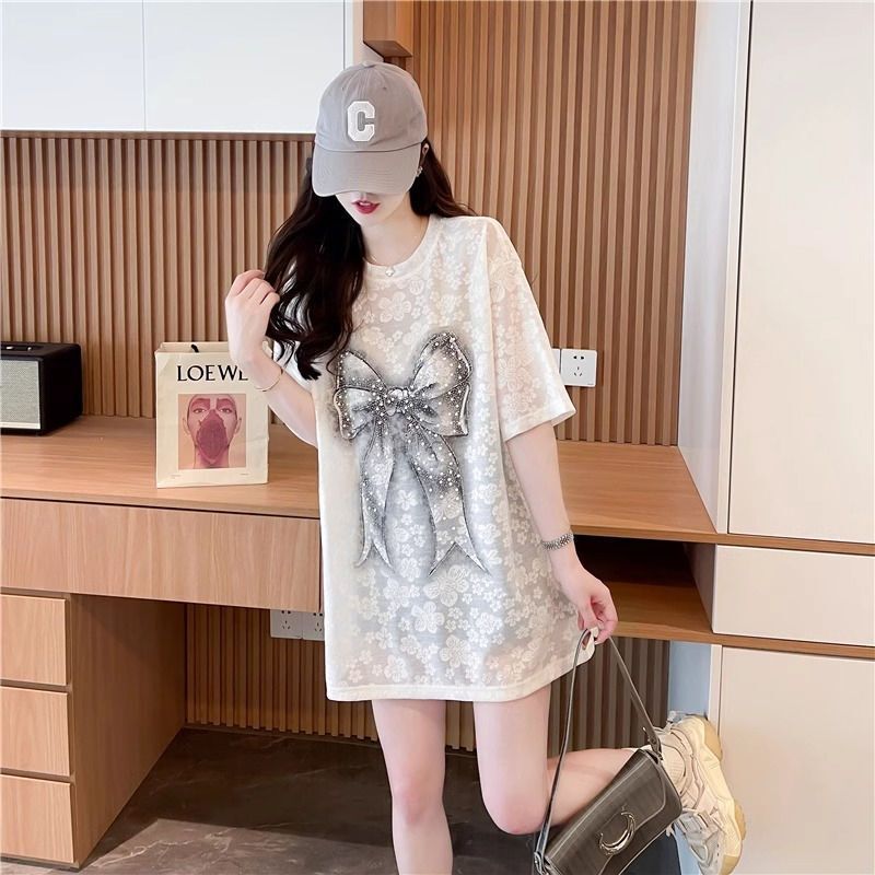 Plus-Size Lace Rhinestone Bowknot Shiny Short-Sleeve T-Shirt for Women, Summer Mid-Length Stylish Top Plus-Size Lace Rhinestone Bowknot Shiny Short-Sleeve T-Shirt for Women, Summer Mid-Length Stylish Top