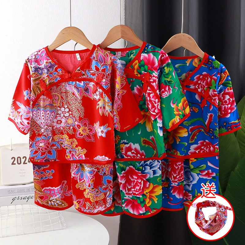 Детский костюм домашней одежды Hanfu, пижама в китайском стиле, Детские хлопковые шелковые Северо-восточные укороченные брюки с большим цветком для мальчиков и девочек, летние